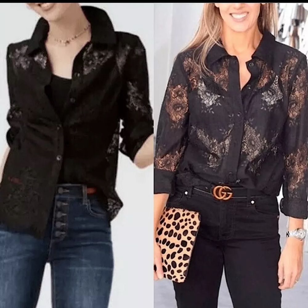 Cabi 3758 St. Regis Blouse black sheer lace button up goth witchy whimsy‎ top